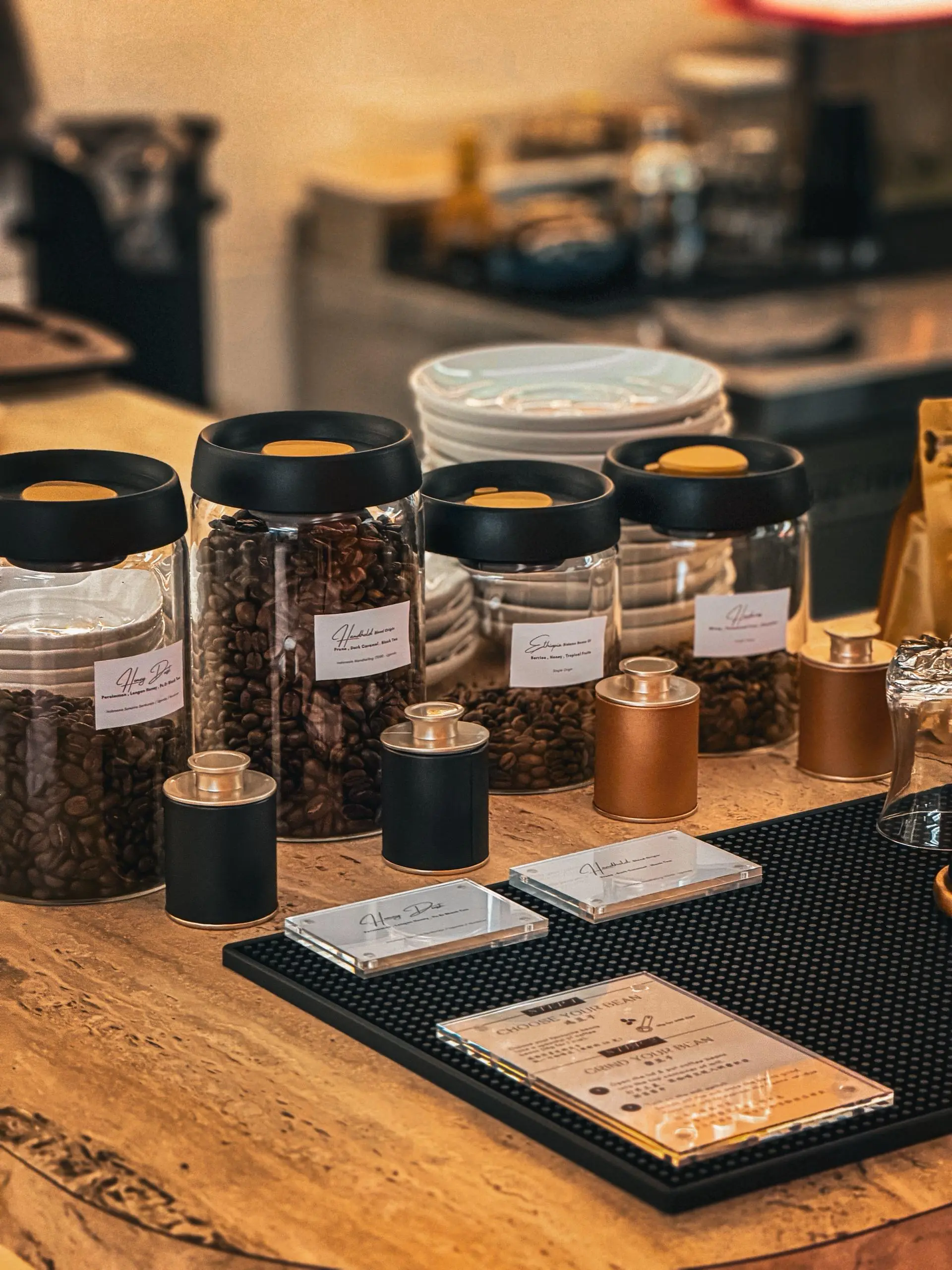 Coffee bean jars display at the bar counter